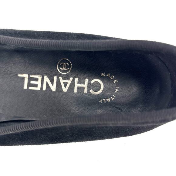 Chanel CC Logo Bow Black Suede Cap Toe Ballerina Flats 37.5 - Picture 9 of 9